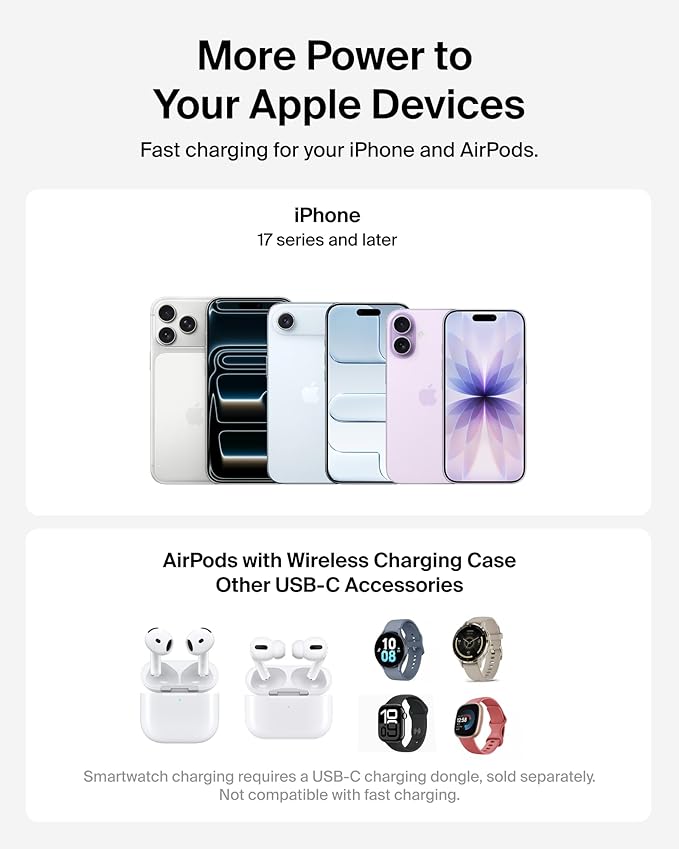 Belkin MagSafe Charger Compatible, 2-in-1 Charging Station, Qi2.2 25W Magnetic Wireless Charger Dock, Foldable Stand, with 5W USB-C Port, for iPhone 17/16/15, Pixel 10, AirPods (45W Adapter Included)