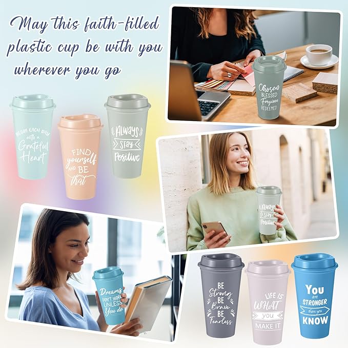 12 Pcs Inspirational Gifts for Employee Coworkers Staff Teammate, 16oz Reusable Plastic Coffee Cups with Positive Sayings, Bundle Gifts for Woman Man Coworker (Light Morandi,Inspirational)