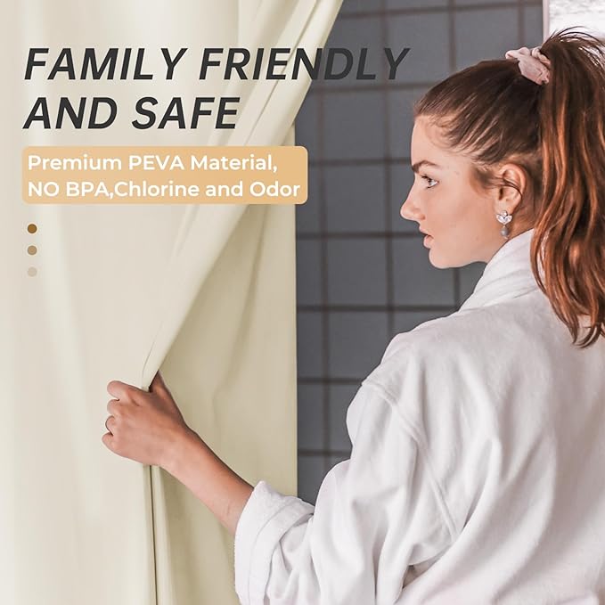 AmazerBath Plastic Shower Curtain Liner, 72 x 72 Inches EVA 8G Heavy Duty Beige Waterproof Weighted Thick Bathroom Curtain with 3 Clear Weights and 12 Rustproof Grommet Holes
