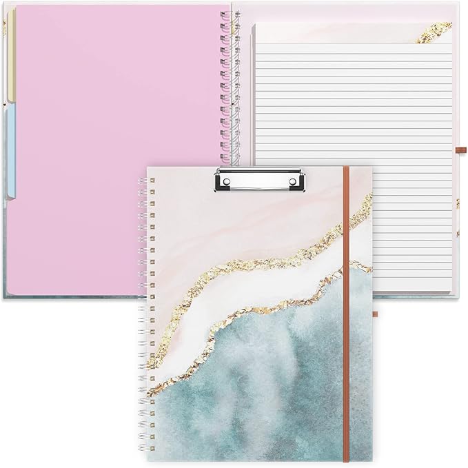 Rimilak Spiral Clipboard Folio with Refillable Lined Notepad, 14.5 x 9.8 In, Hardcover Cover with 5 Interior Pockets, Elastic Band and Pen Loop Series. Cute Stylish Clipfolio, Pink Gold Marble