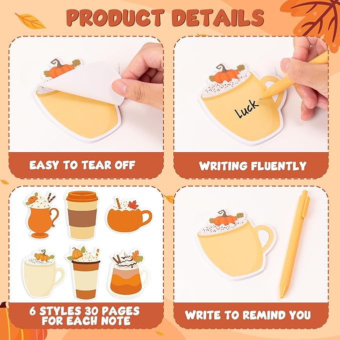 72pcs Fall-Theme Latte Sticky Notes & Pens & Ribbons Set, Cute Pumpkin Fall Element Latte Pastel Notepads Gift, Self-Stick Memo Pad for Thanksgiving Appreciation Back to School Party Favor