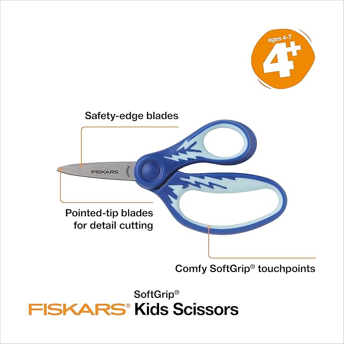 Fiskars 5" SoftGrip Pointed-Tip Scissors for Kids Ages 4-7, Scissors for School or Crafting, Back to School Supplies, Blue Lightning