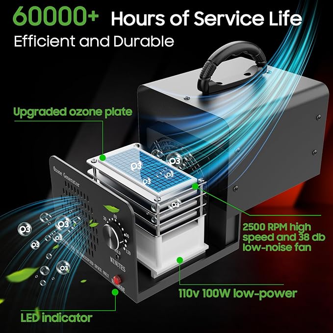 Ozone Generator Machine 60,000mg/h, High Capacity Ozone Odor Eliminator Removal Air Purifier for Home Car Pet & Basement Odor, Suitable for Spaces up to 5,000 Square Feet, Black
