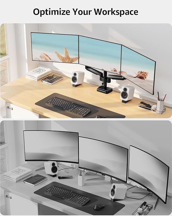MOUNTUP Triple Monitor Mount, Triple Monitor Desk Mount for Max 27 inch Computer Screens, 3 Monitors Stand for Desk, Monitors Arm with Swivel, Tilt, Rotation, Each Arm Holds 4.4-19.8 lbs