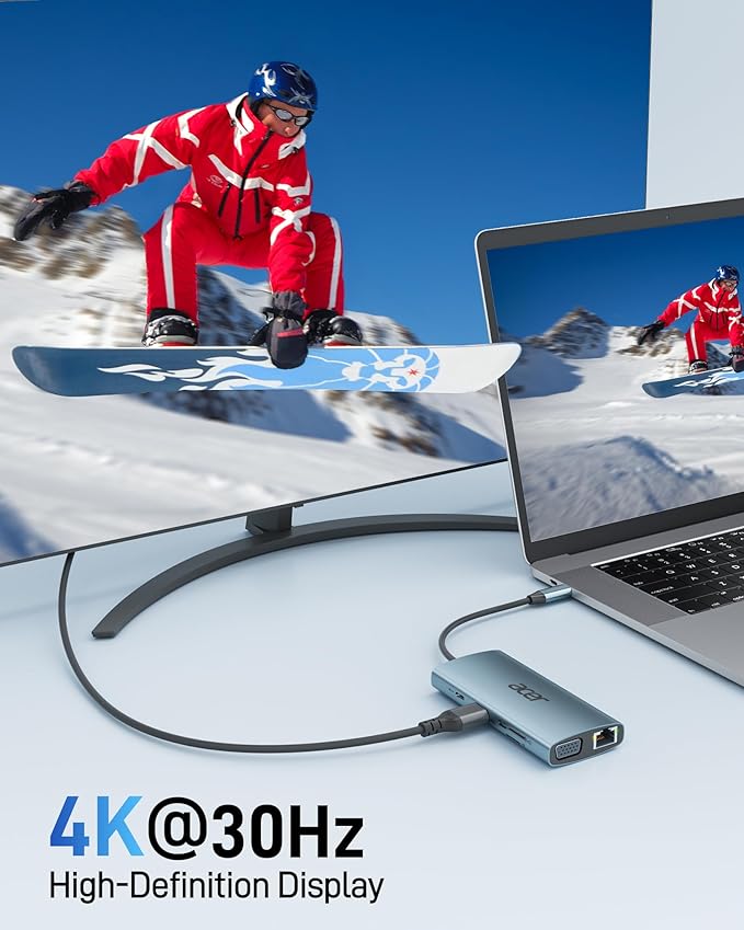 Acer USB C Hub with 4k HDMI, 9-in-1 USB C to Ethernet Adapter, 5Gbps USBA 3.0 Docking Station, VGA Splitter, SD Card Reader, PD 100W Charging for MacBook, Acer, Laptops, Surface and More