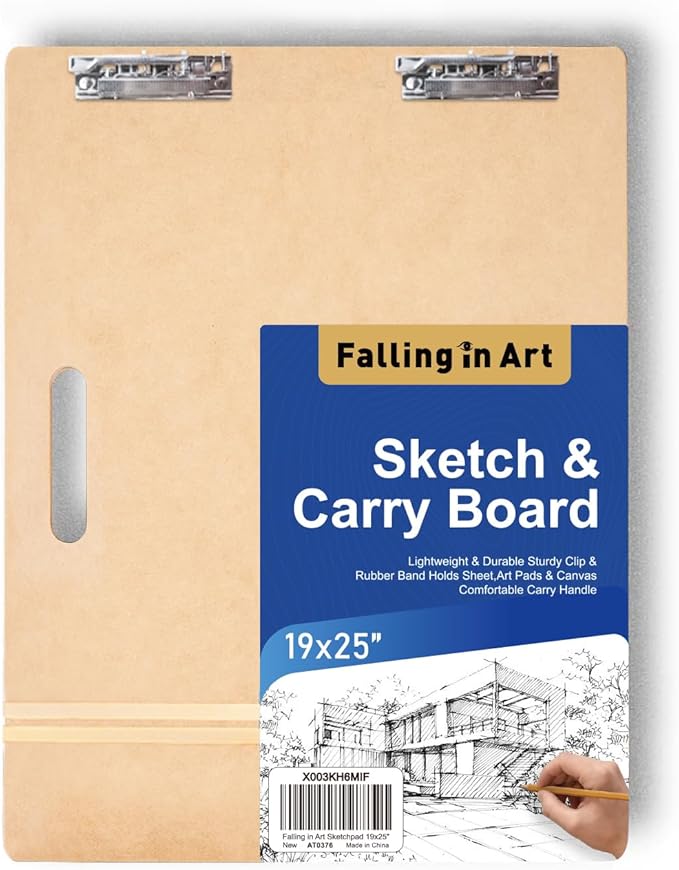 Falling in Art 19x25 Sketch Board, Drawing Tote Board for Artists with Sturdy Clip and Rubber Bands, Portable Art Clipboard for Classroom and Studio Drawing