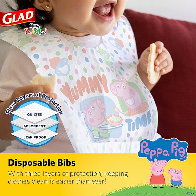 Glad for Kids Peppa Pig Paper Bibs - Cute Peppa Pig Design, Travel Bibs, 24 Pack