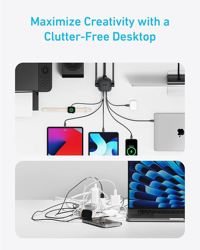 Anker Desktop Charger, 9-in-1 Power Strip with 300J Surge Protector, 5ft Flat Plug Extension Cord with Multiple Devices, 100W USB C Charger with 3 AC, 2 USB A, 4 USB C, Home Office, Desk Accessories