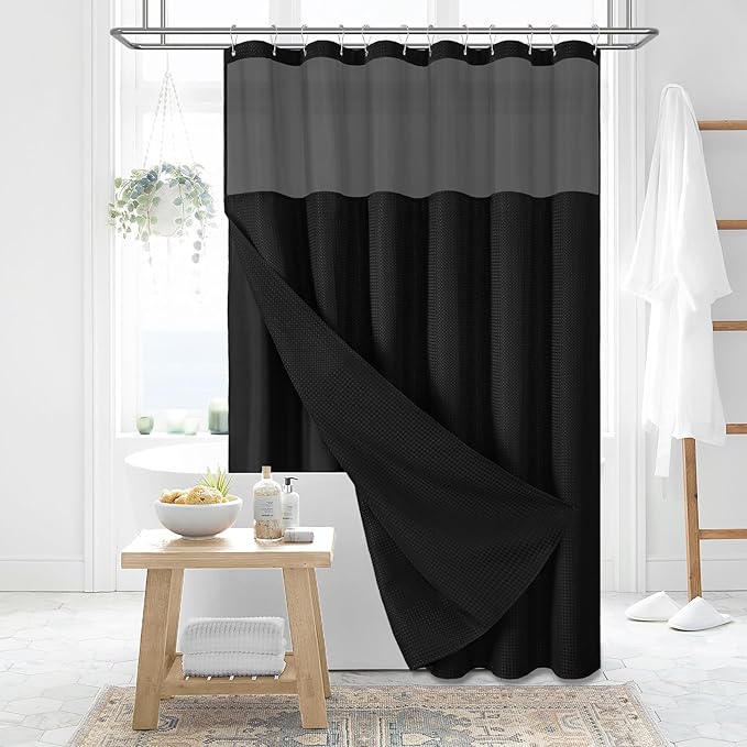 Dynamene Fabric Shower Curtain with Snap in Liner, Black Waffle Hotel Shower Curtains for Bathroom, Washable Waterproof Cloth Shower Curtain Liner Set with Plastic Hooks, Mesh Top Window, 72x72