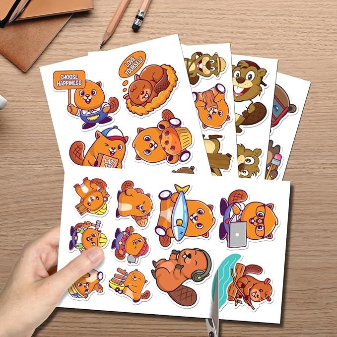 Cute Beaver Cartoon Stickers Pack 50Pcs Waterproof Vinyl Animal Decals for Laptop Water Bottles Notebooks Skateboard Luggage Scrapbooking Fun Aesthetic Gift