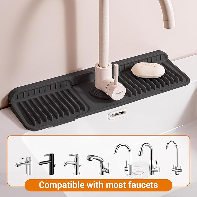 Faucet Mat for Kitchen Sink, 17.7"X5.5" Silicone Sink Splash Guard with Soap Holder, Snap-On Design & 7°slope Fast Drain, Folding Sink Faucet Mat for Universal Kitchen Bathroom Sink（Black）