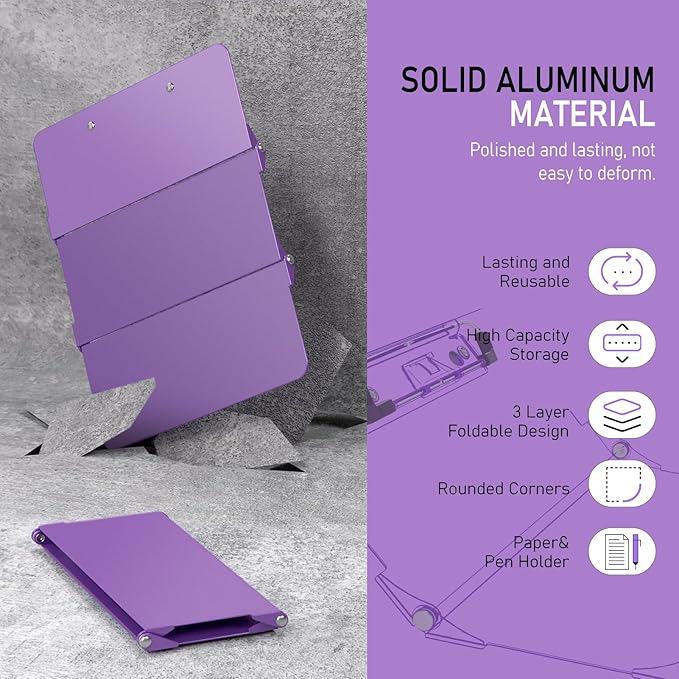 Clipboard Foldable Without Edition Cheat Charts, 3 Layers Aluminum, Nurse Board w/Low Profile Clip&Pen Clip Pocket, Purple