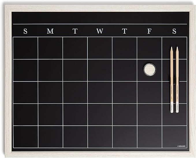 U Brands White Wash Frame Chalkboard Calendar White Board Set, Office Supplies, with Magnet, Chalk Pencils 16” x 20”, 4 Pieces