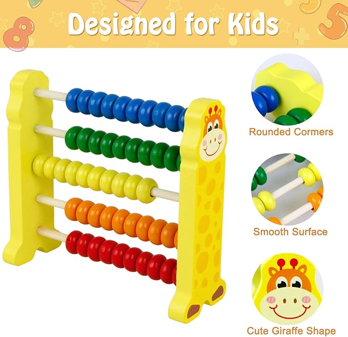 Sealive Wooden Counting Toy - 50 Beads Abacus for Kids Math, Cartoon Giraffe Counters for Kids, Counting Toys for Preschool Learning & Development, Develops Coordination, Motor Skills