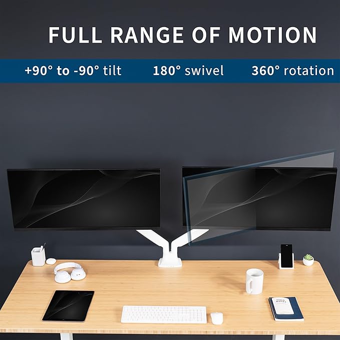 VIVO Premium Aluminum Heavy Duty Dual Monitor Arm for Ultrawide Monitors up to 40 inches and 32.5 lbs Each, Desk Mount Stand, Pneumatic Height, Max VESA 100x100, White, STAND-V202QW