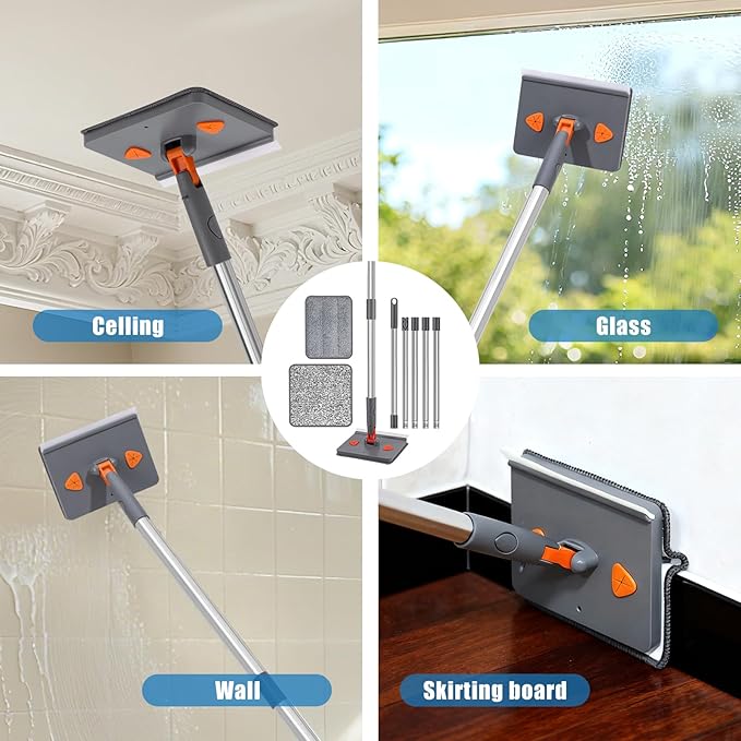 Mops for Floor Cleaning with 57" Long Handle, Scrub Brush, Baseboard Cleaner Tool with 84" Handle, 2 Reusable Pads, Wet and Dust Mopping for Hardwood, Laminate, Tile Floor, Skirting Board, 19Pcs Gray