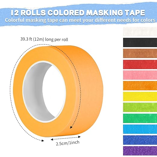 12PCS Colored Masking Tape, Colored Tape for Kids Art Supplies, DIY Craft Tape, Colored Painters Tape for Labeling, Classroom, Decorative, Rainbow Color Tape Rolls 1In x 13Yards(2.5cm x 12m)