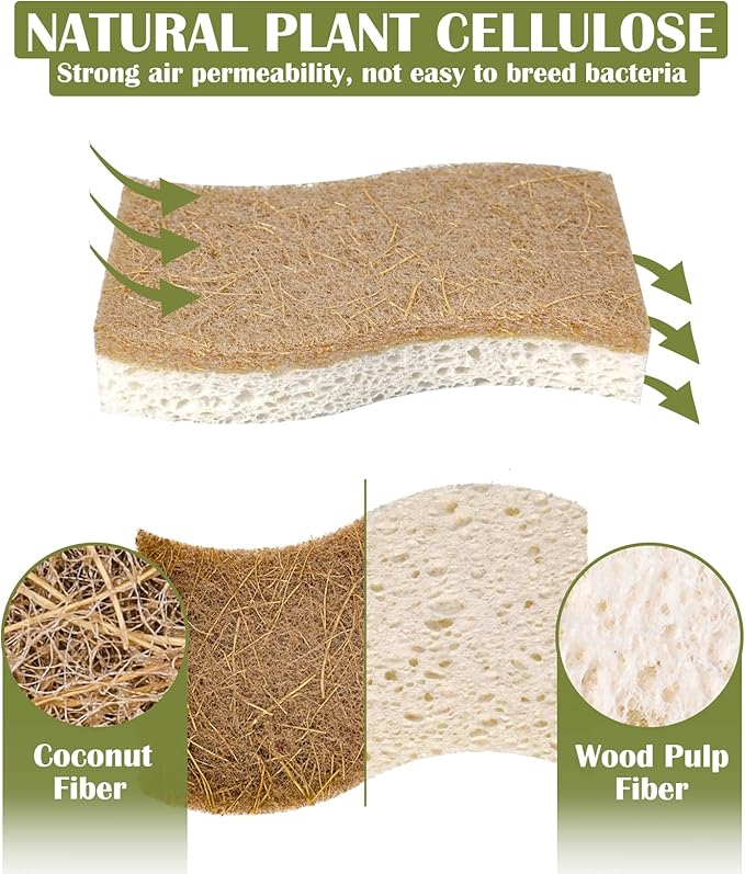 14Pack Natural Kitchen Sponge, Eco-Friendly Dish Sponge for Kitchen - Biodegradable Cellulose and Coconut Scrubber - Household Cleaning Sponge for Dishes, White