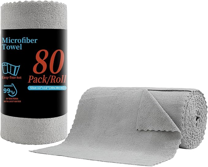 80 Pack Microfiber Cleaning Cloth Roll,Lint Free Rags & Tear Away Reusable Towels Washable Scratch,Ultra Absorbent Dish Rags(12" x 12") for Car Kitchen Home Garage-Light Gray