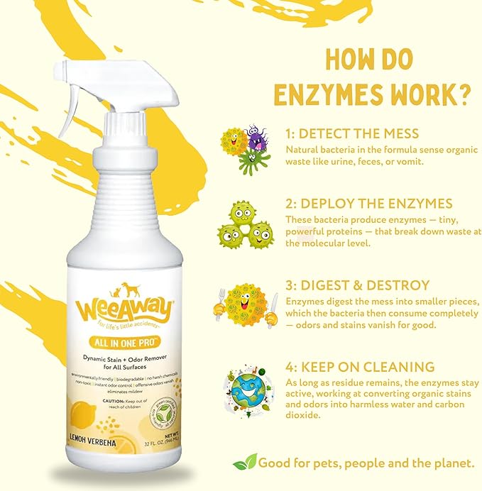 Wee Away All in One Pro Stain & Odor Remover, Enzyme Cleaner, Pet Urine Odor Eliminator for Home - Pet Mess Destroyer for Carpet & Furniture, Lemon Verbena Scent, 32 fl oz