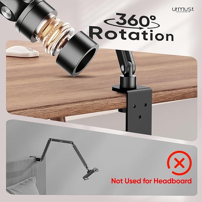 Urmust Tablet Stand for Desk, Adjustable iPad Holder Clamp Mount, 360° Rotation, Sturdy Aluminum Tablet Arm Mount for 4.7"-15.6" iPad Pro/Air/Mini, iPhone, Galaxy Tab, for Kitchen, Work, Video Call