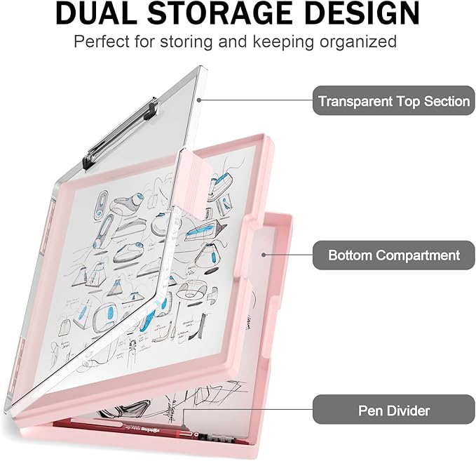 Rimilak Plastic Clipboard with Storage, Side Opening with 2 Compartment, Size 13.3 x 9.4 x 1.5 Heavy Duty High Capacity Nursing Box for Work School & Office Supplies, Pink