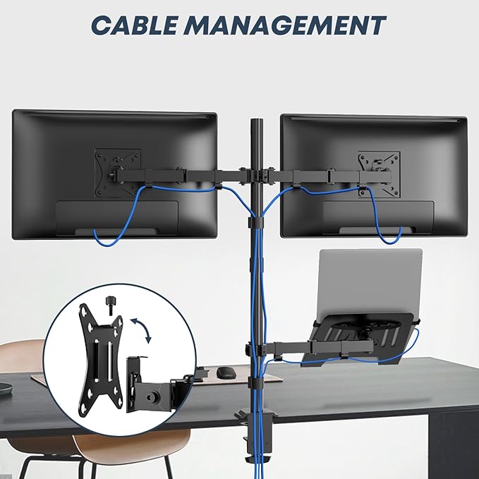 Dual Monitor Stand and Laptop Mount Fit Two 17 to 32 Inch Monitor and 10 to 17 Inch Laptop,Extra Tall Adjustable Stand,19.8 lbs Weight Capacity per Arm,Black