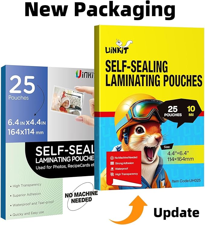 Uinkit 10mil Thicker Self Sealing Photo Laminating Pouches 4 x 6", 25Pack Double-Sided for Recipe Cards & Photos, Waterproof Plastic Sleeves to Preserve Pictures, Index Flashcards