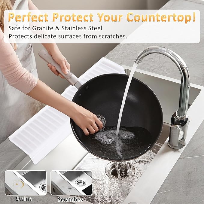 Sink Edge Protector with Suction Cup 4"x24", Silicone Sink Splash Guard for Kitchen & Bathroom, Protect Countertop from Scratches, Stains, for Stainless Steel Granite Quartz-Clear