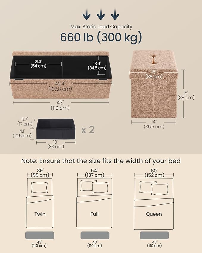 SONGMICS Storage Ottoman Bench, Storage Chest, 15 x 43 x 15 Inches, Foot Rest Stool, End of Bed Bench, Load up to 660 lb, for Living Room, Bedroom, Entryway, Camel Brown ULSF097K01