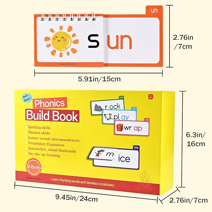 36 Double-Sided Phonics Flash Cards, Word Family Build Book with 72 Word Families, Read and Rhyme Flip Books, Sight Words Flash Cards, Learn to Read Educational Toy for Preschool & Kindergarten