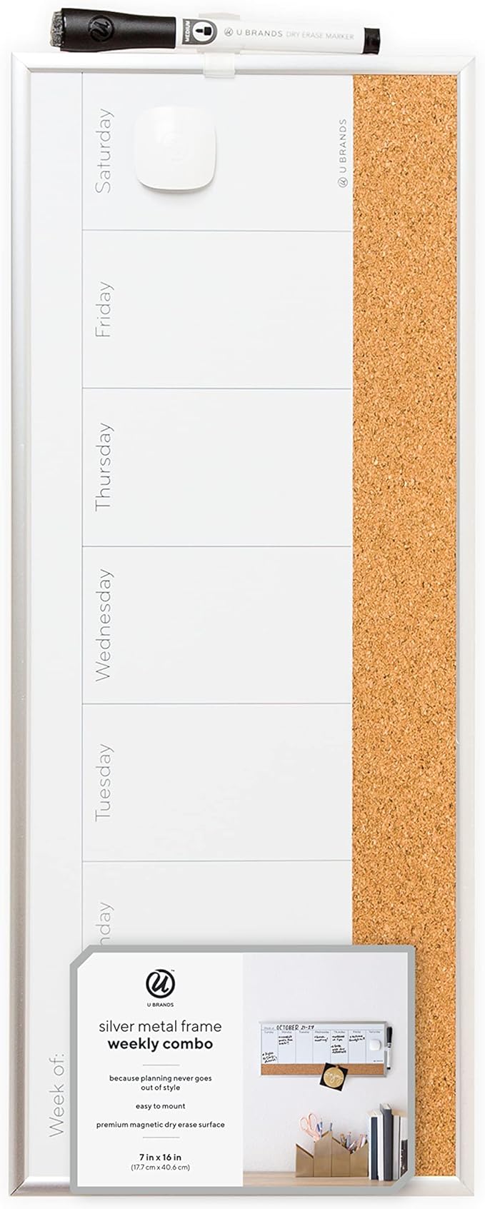 U Brands Magnetic Dry Erase/Cork Weekly Horizontal Calendar Board, 7 x 16 Inches, Silver Aluminum Frame (358U03-12)