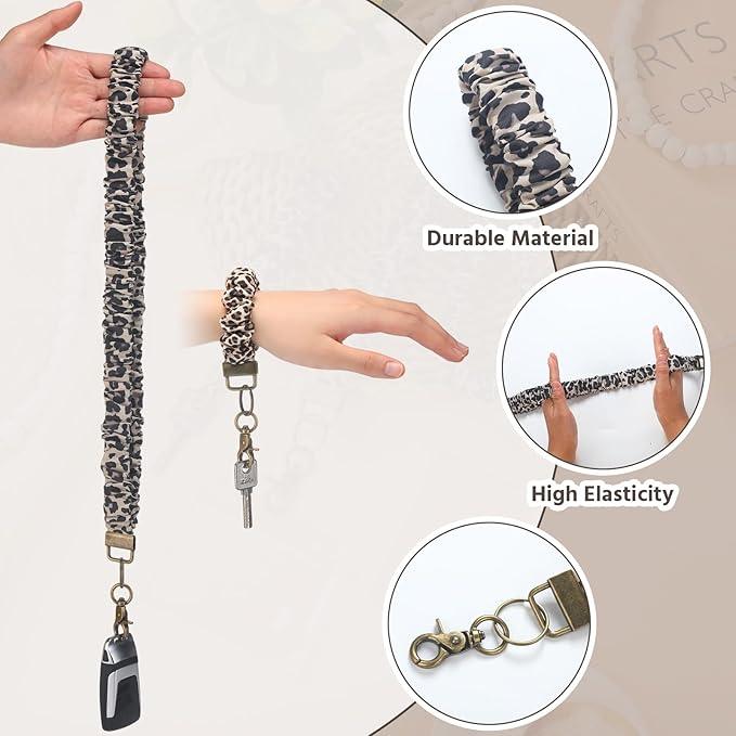 Marspark 2 Set Scrunchie Lanyards with 4 Card Holders for ID Badges and Keys Cute Stretchy Scrunchie Neck and Wrist Lanyards for Teacher Women Nurses School Office Supplies (Dark Brown,Leopard Print)