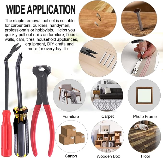 3Pcs Upholstery and Construction Staple Remover with Heavy Duty Staple Puller Remover, Tack Puller Tool, Carpet Nail Remover, for Furniture Floors Wall Wooden Case Carton Photo Frame