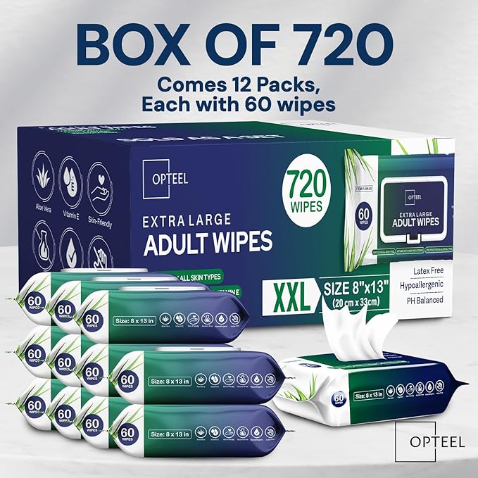 Adult Wipes For Elderly - 8"x13" Extra Large & Soft Wet Wipes for Adults Bathing - Incontinence Disposable Washcloths, Vitamin E & Aloe Infused for Men & Women 720ct (12 Packs of 60)