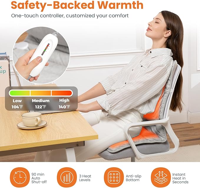 Heated Seat Cushion for Office Chair with Lumbar Support, Extra Large Heated Chair Pad for Pain Relief, Auto Shut Off, 3 Heating Levels, Chair Warmer for Full Back, Waist, Hip, Thigh, Home Use, Grey