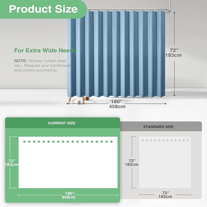 Dynamene Extra Wide Shower Curtain - 180 Inch Wide Waffle Weave Weighted Thick Cloth Bathroom Shower Curtain, Neutral Heavy Duty Hotel Bath Curtain Set with 32 Plastic Hooks, 180x72, Moonlight Blue