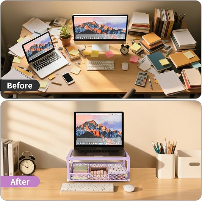 Small Laptop Stand for Desk, Monitor Stand, Office Desk Accessories, Computer Desktop Stand with Drawer for Home, Office, School (Purple)