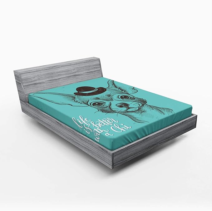 Ambesonne Chihuahua Fitted Sheet, Face Sketch of Dog with Hat and Life is Better with a Chi Words, Bed Cover with All-Round Elastic Deep Pocket for Comfort, Queen Size, Seafoam Taupe and White