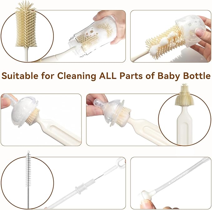 Bottle Brush Set, Innovative Efficient Press-to-Spin Brush Cleaner - Includes Silicone Baby Bottle Brush, Nipple Brush, Straw Cleaner - Spinning Generates Rich Foam for Deep Cleaning, Red