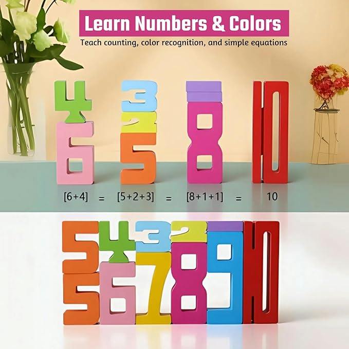 10PCS Wooden Number Building Blocks Montessori 1-10 - Wooden Stacking Numbers Math Toys, Friends of Ten Number Blocks, Basic Number Counting Blocks with Play Guide, Number Toys for Toddlers 1-3