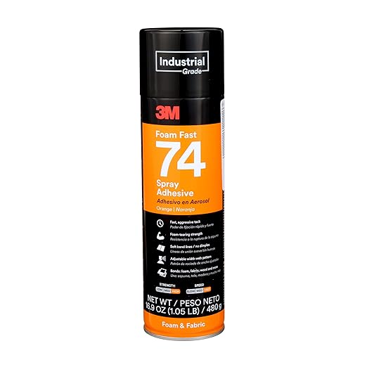 3M Foam Fast Spray Adhesive 74, Orange Color, High Strength Bonding, Fabric Adhesive, 24 fl oz Can, 16.9 oz (480 g) Net Wt, NOT FOR SALE IN CA AND OTHER STATES