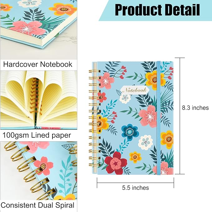 Coopay 4 Pack A5 Spiral Notebook Journal for Women, College Ruled Composition Notebooks Hardcover Spiral Journal, Cute Blooming Floral, Office School Business Supplies, 8.3" x 5.5", 160 Page