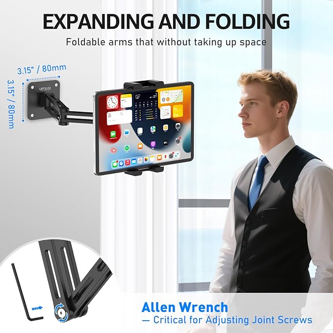 Urmust Tablet Wall Mount Holder for iPad, 360°Rotation Adjustable Tablet Stand Holder with Aluminum Extendable Arm, for iPad mini/Air/Pro/Galaxy Tab/Kindle, All 4.7-15.6" Phones & Tablets