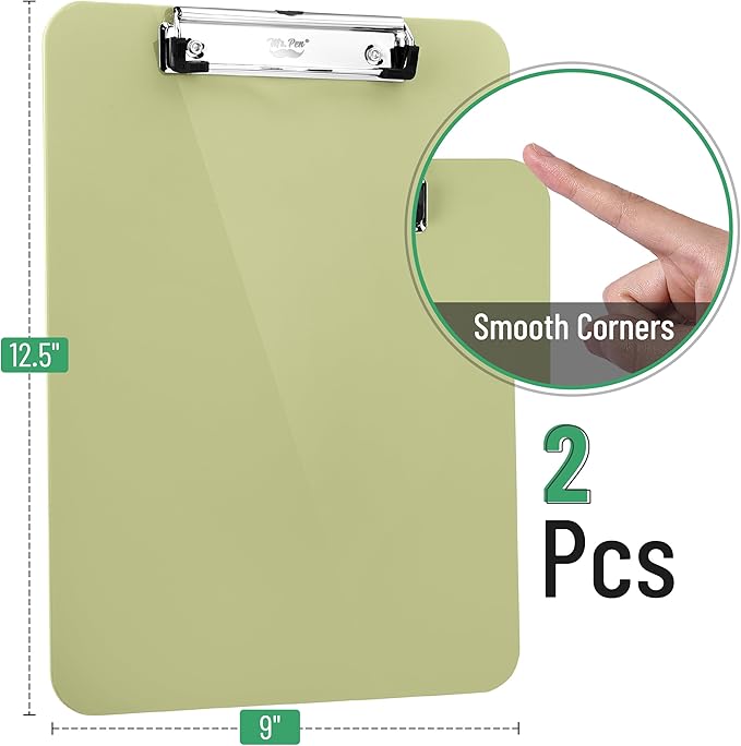 Mr. Pen- Plastic Clipboard, 12.5" x 9", 2 Pack, Faded Olive Green Clipboard Plastic, Low-Profile Metal Clip with Retractable Hanging Hole