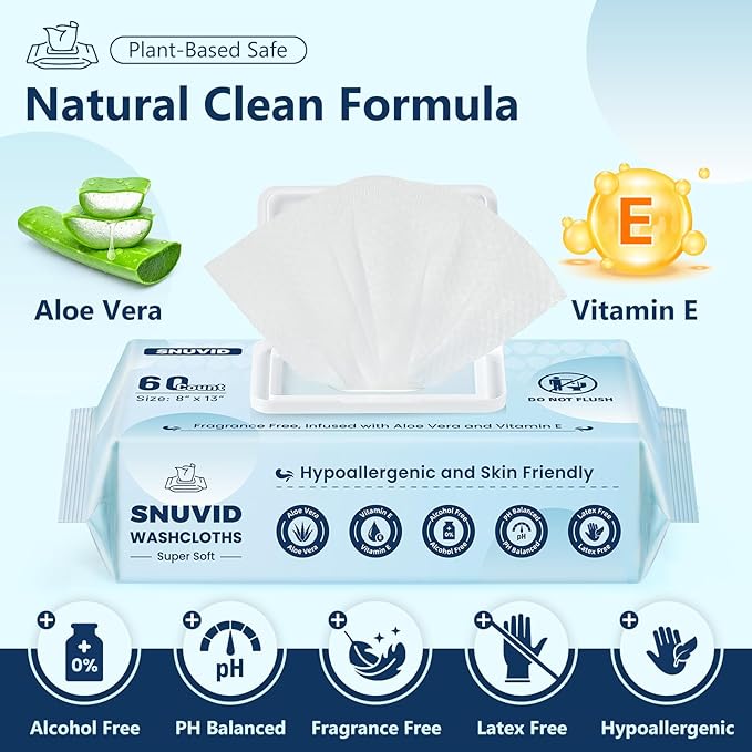 Adult Wipes For Elderly - 8"x13" Extra Large & Soft Wet Wipes for Adults Bathing No-Rinse Incontinence & Cleansing - Disposable Washcloths, Vitamin E & Aloe Infused 240ct (4 Packs of 60)