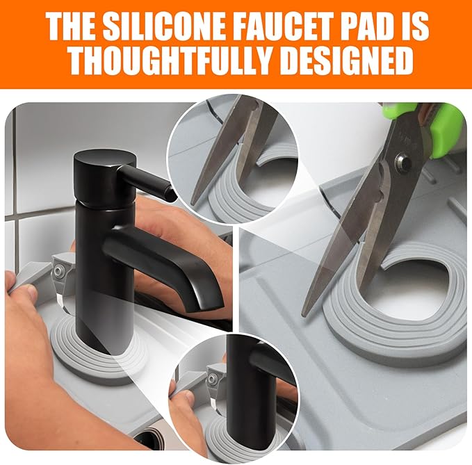 17.7" Gray Silicone Faucet Mat with Button Style Design – Longer Drip Catcher Tray & Sink Splash Guard, 6° Slope Behind Faucet Mat | Easy Kitchen & Bathroom Sink Protector