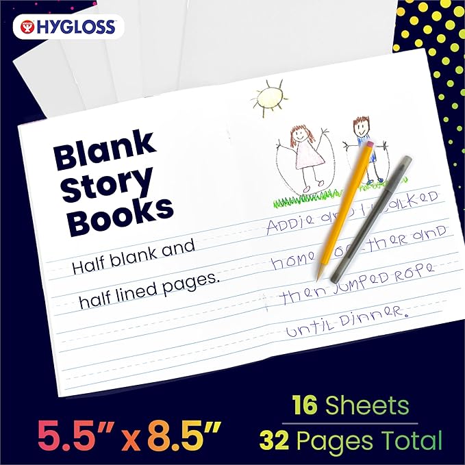 Hygloss Half Blank Books for Kids to Write Stories and Illustrate – Bulk 6 Pack – 5.5" x 8.5" A5 – Small Primary Journal for Grades K-2, Preschool/Kindergarten Notebook with Picture Space – 24 Pages