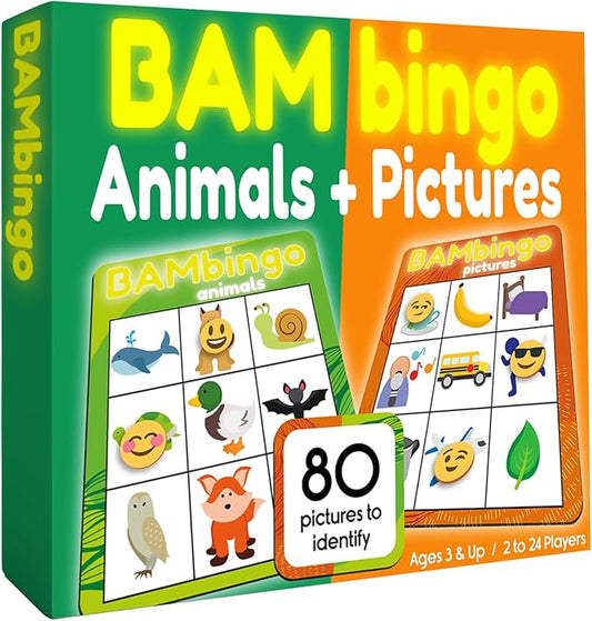 THE BAMBINO TREE Animal and Picture Bingo Game for Kids - Flash Cards Matching Learning Board Game for Ages 3-6 Preschool, Kindergarten & Family Fun
