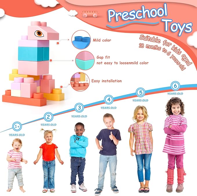 78 Pcs Top STEM Soft Building Block Sets for Kids Aged 18 months to 6 years.Mega Blocks for Baby.Large Construction Stacking Block Toys for Toddler to Improve Imagination、Creativity、Hands-on Ability